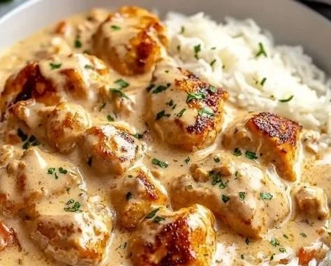Creamy smothered chicken served over rice in a bowl