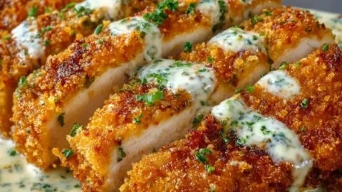 Plate of crispy Parmesan chicken drizzled with creamy garlic sauce
