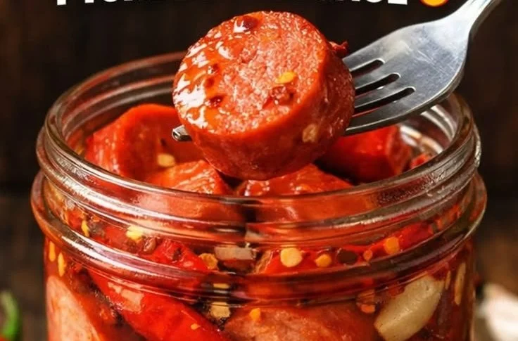 Firecracker-Seasoned Pickled Sausage served in a jar with spices