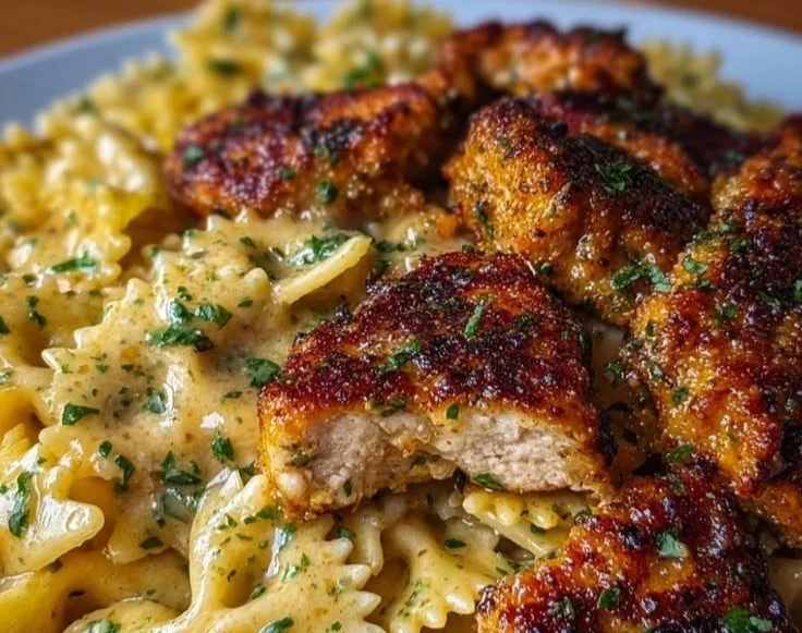 Garlic Butter Chicken served with bowtie pasta, a delicious meal.