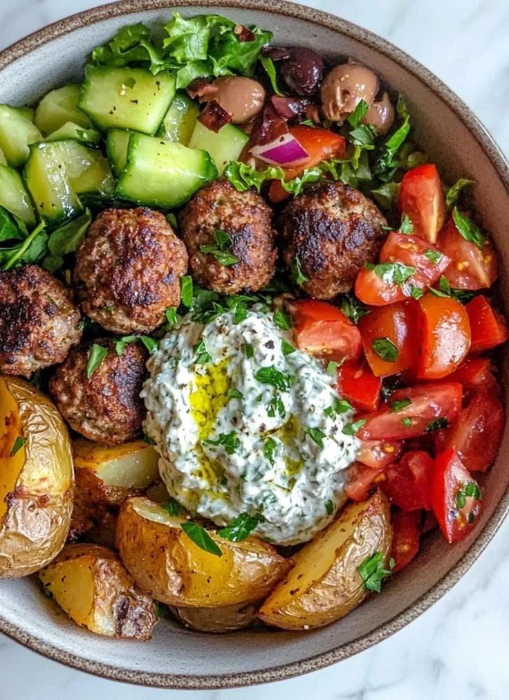 Delicious Greek Meatball Bowl topped with fresh ingredients