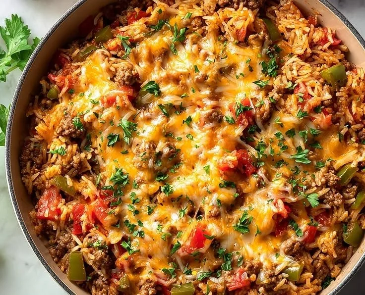 Ground Beef and Rice Skillet dish served in a frying pan