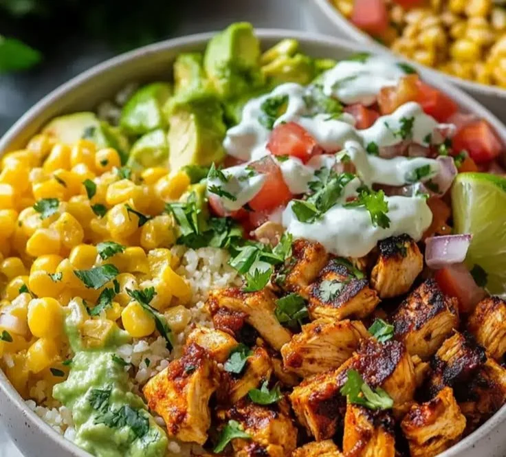 Healthy chicken taco bowl with fresh ingredients and toppings
