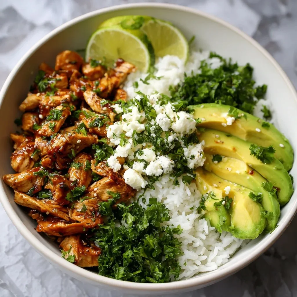 Honey Lime Chicken Avocado Rice Bowl with fresh ingredients
