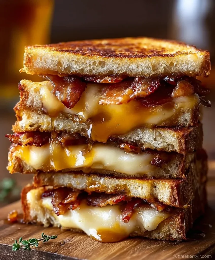 Hot honey apple cheddar grilled cheese sandwich with beef and bacon