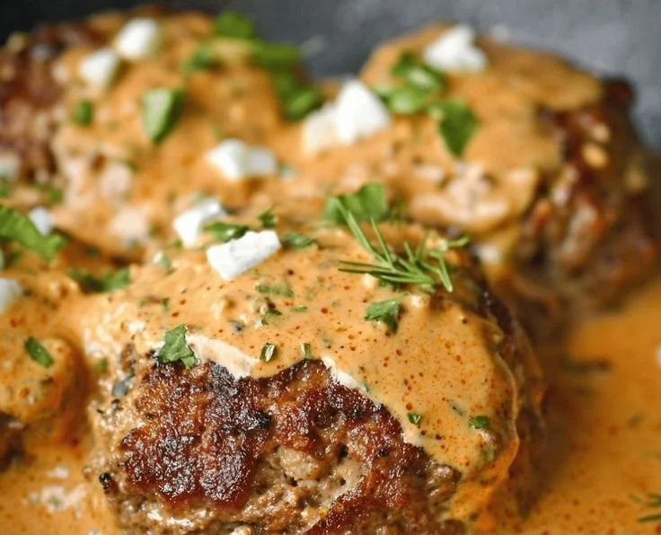 Plate of Keto Feta Burgers with Tomato Cream Sauce garnished with herbs