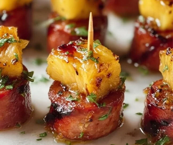 Kielbasa bites with pineapple glaze served on a platter