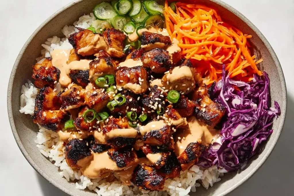 Delicious Korean BBQ chicken bowls with fresh vegetables and rice