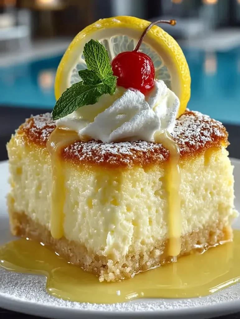 Delicious slice of Lemon Custard Cake with a smooth custard layer and lemon zest garnish