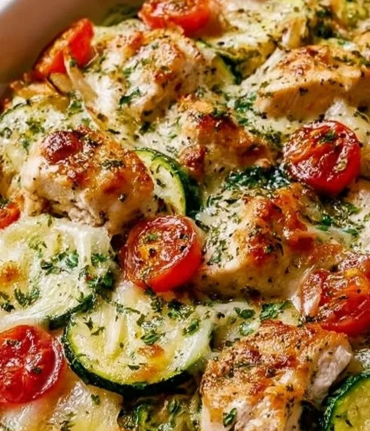 Mediterranean Chicken Zucchini Bake with fresh ingredients and herbs