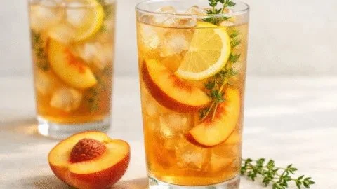 Glass of Peach Thyme Iced Tea garnished with fresh thyme sprigs and peach slices
