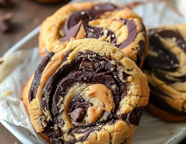 Freshly baked Peanut Butter Brownie Swirl Cookies on a cooling rack