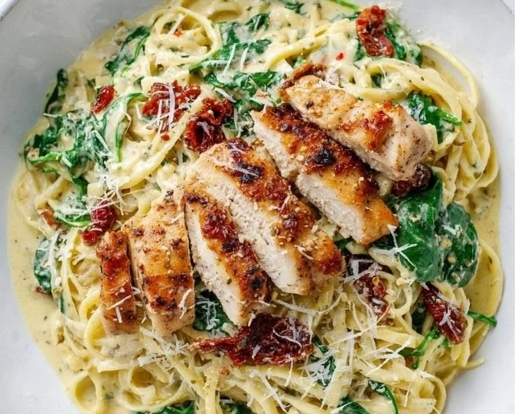 A bowl of pesto chicken pasta garnished with fresh basil and parmesan cheese.