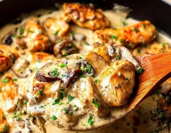 Delicious rich Chicken Stroganoff served over noodles with mushrooms and creamy sauce.