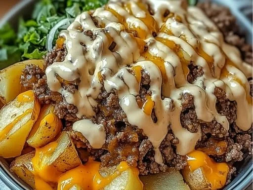 Savory smash burger bowl with fresh ingredients and toppings