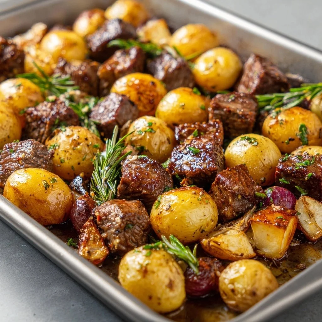 Sheet pan garlic butter steak bites cooked with potatoes on a wooden table.
