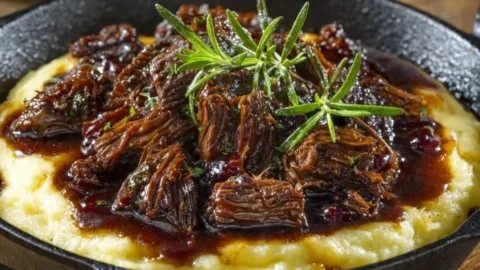 Slow cooker beef manhattan served on a plate with fresh herbs