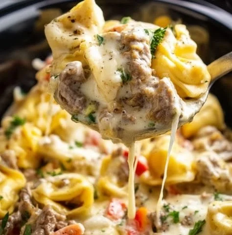 Delicious Slow Cooker Cheesesteak Tortellini served in a bowl