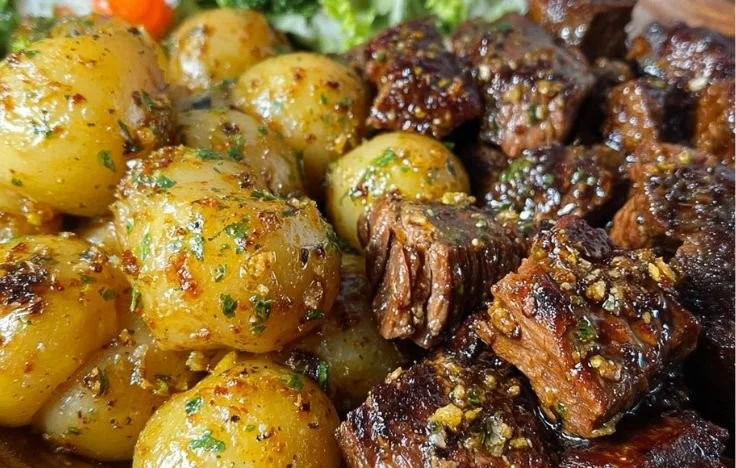Slow cooker garlic butter steak bites served with tender potatoes