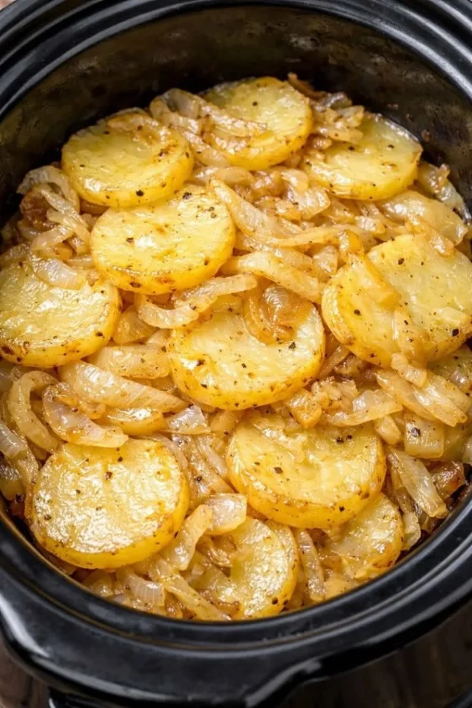 Slow cooker potato and onion bake dish, creamy and flavorful