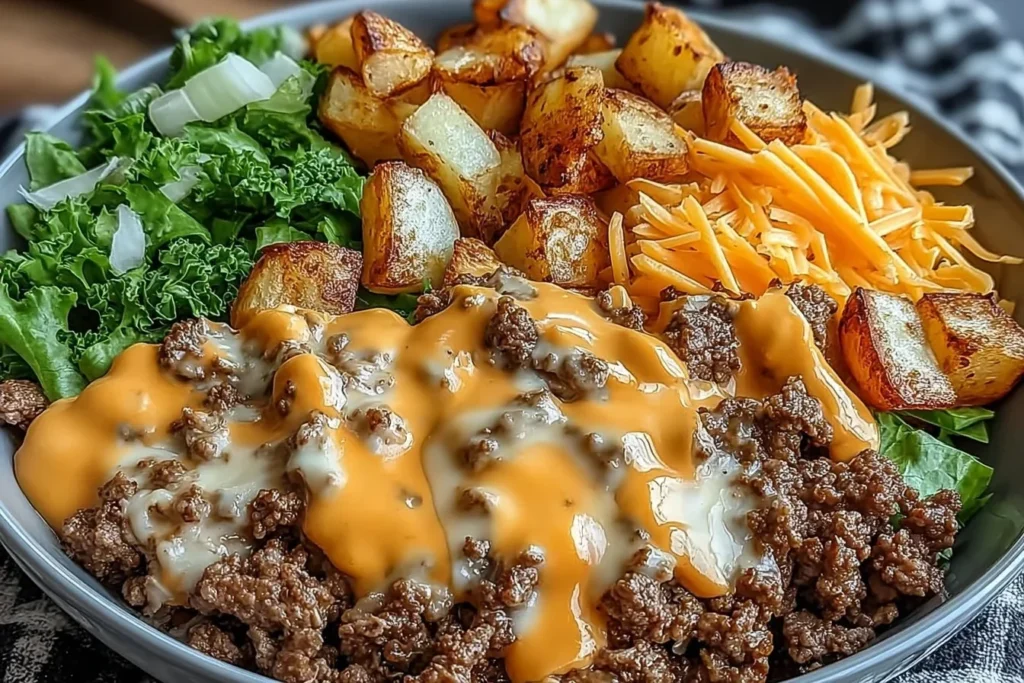 Delicious Smash Burger Bowl filled with fresh ingredients and flavorful toppings.