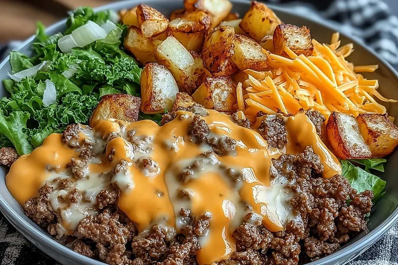 Delicious Smash Burger Bowl filled with fresh ingredients and flavorful toppings.
