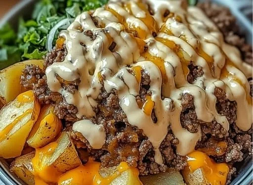 Delicious Smash Burger Bowl with fresh toppings and ingredients.