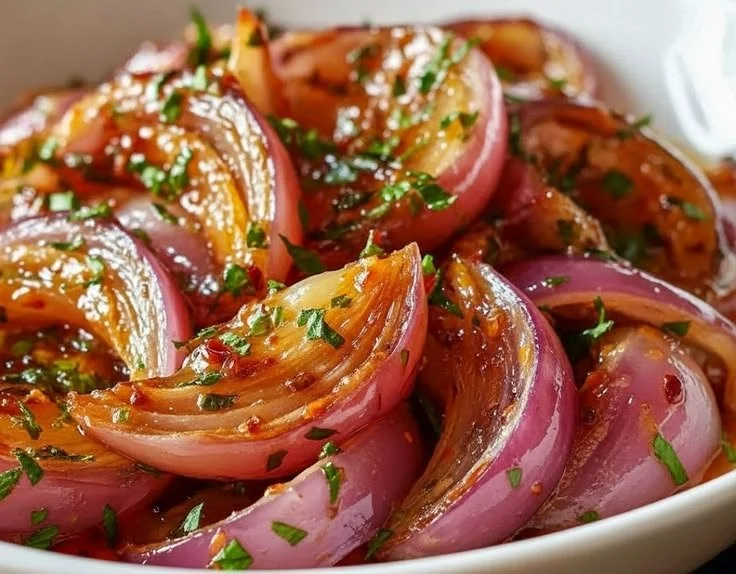 Spicy honey pickled red onions in a jar with fresh ingredients around.