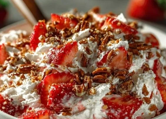 Delicious Strawberry Crackle Salad with fresh strawberries and crunchy toppings