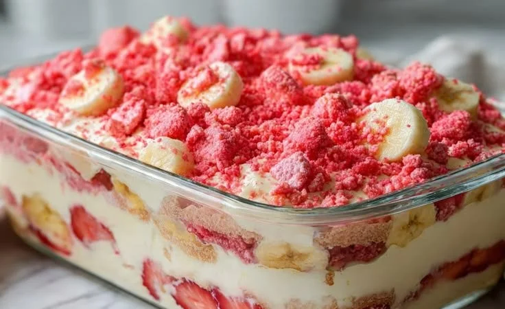 Strawberry Crunch Banana Pudding dessert with layers of banana and strawberry topping.