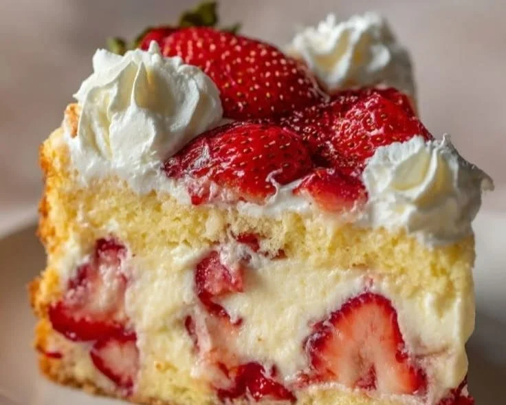 Delicious slice of strawberry custard cake with fresh strawberries on top