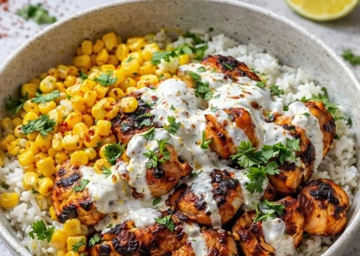 Delicious Street Corn Chicken Rice Bowl topped with fresh ingredients and spices