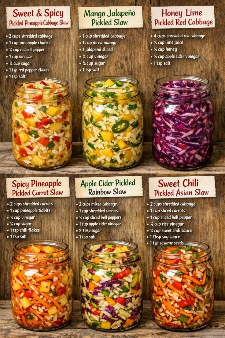 Bowl of sweet and spicy pickled pineapple cabbage slaw with vibrant colors