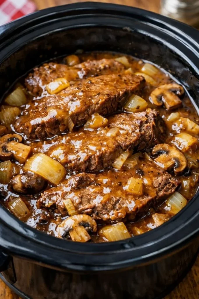 Delicious tender beef served in rich, savory gravy over a plate of mashed potatoes.