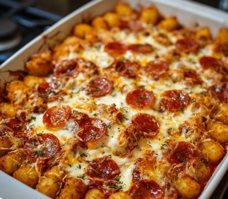 Delicious Tot-Topped Pizza Casserole with colorful toppings.