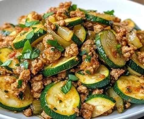 Delicious Turkey Zucchini Skillet served in a pan with colorful vegetables