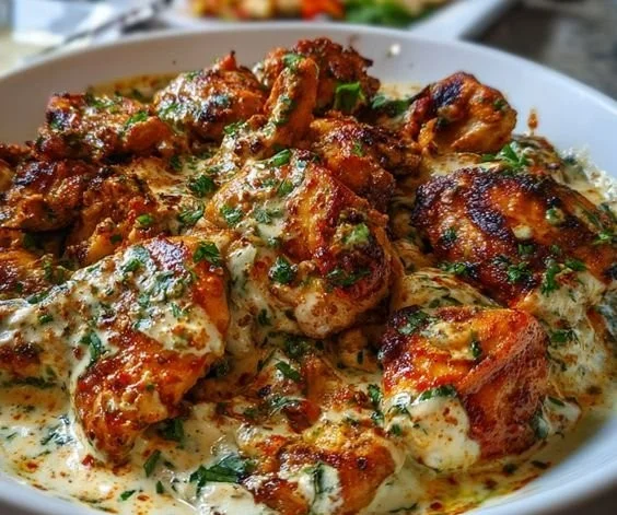 Turkish chicken served with creamy white sauce on a plate