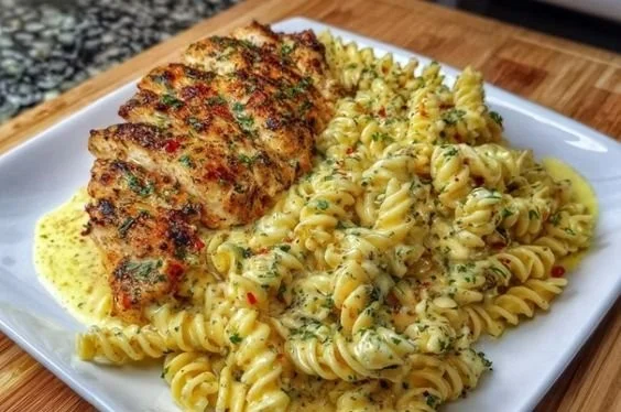 Creamy garlic parmesan chicken pasta dish topped with herbs.