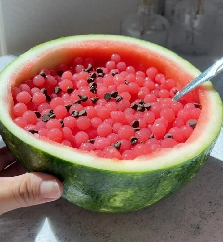 Watermelon burst boba pearls in a colorful dessert