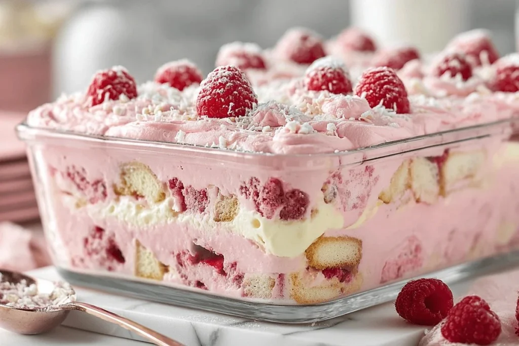 Delicious slice of White Chocolate Raspberry Tiramisu served on a plate